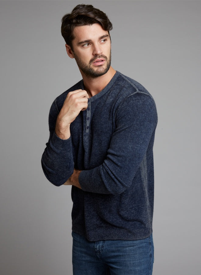 autumn cashmere Mens Inked Long Placket Henley - Blue