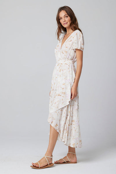 Saltwater Luxe 3/4 Sleeve Wrap Floral Dress in Vanilla