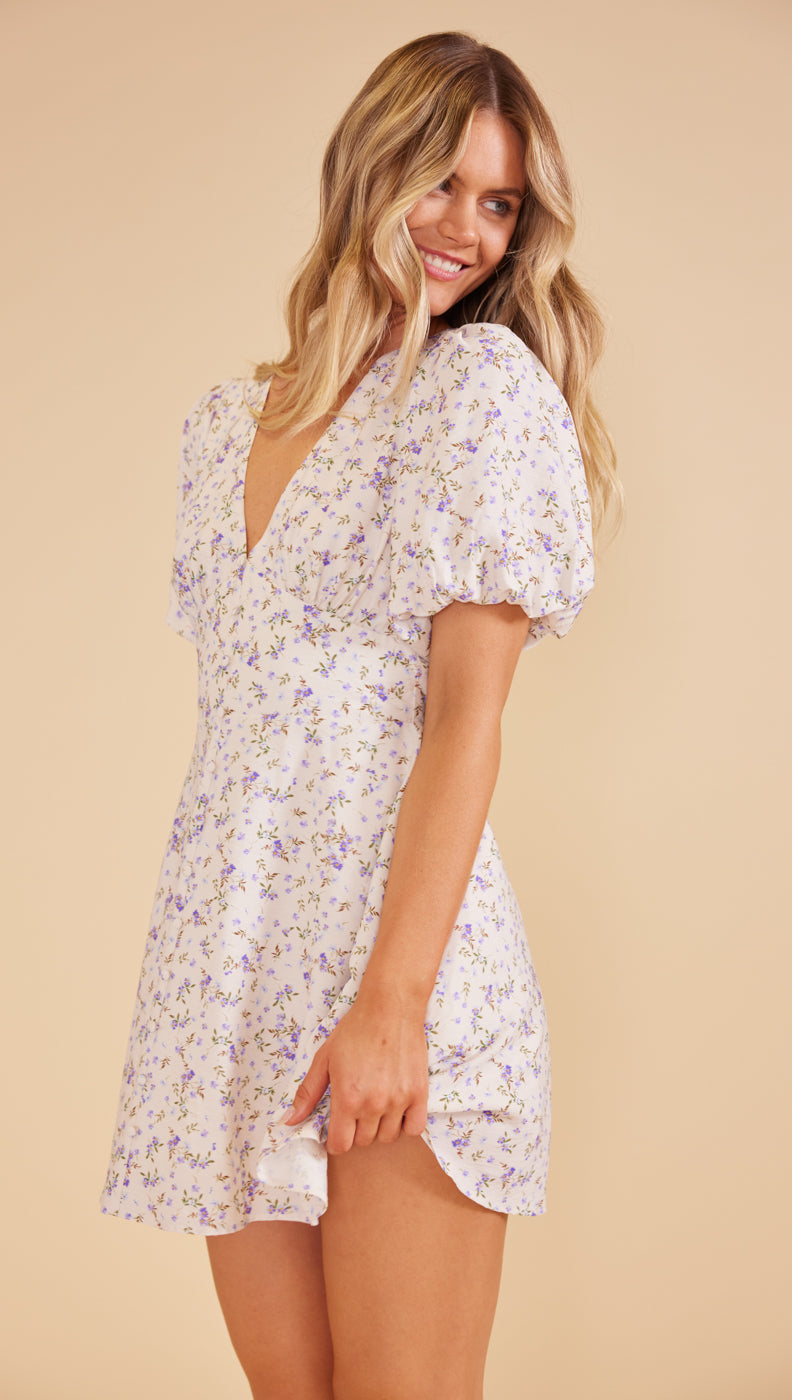 Mink Pink Hailey Mini Floral short sleeve dress in Ivory