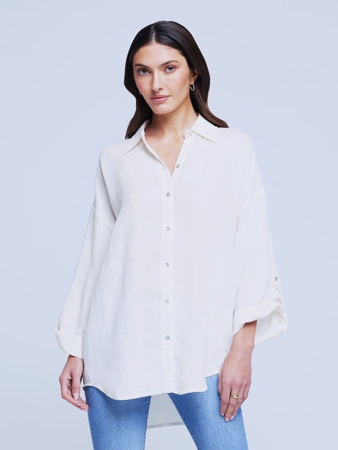 L'AGENCE Harbor Tab Sleeve Tunic Top in Ivory