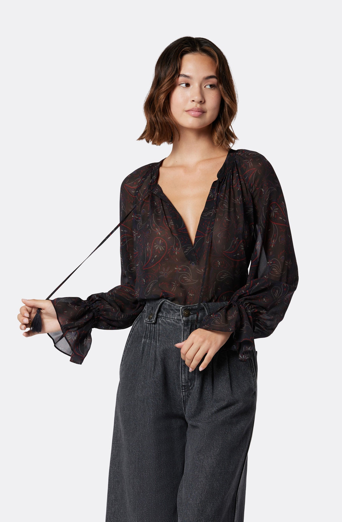 Joie Cecarina tie front blouse with cuff detail in Caviar multi