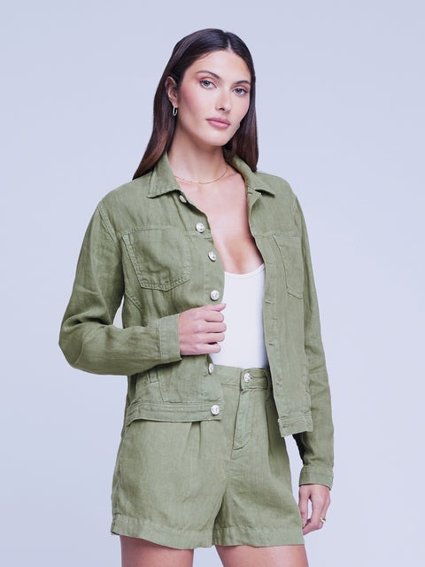 L’AGENCE Celine Slim Femme Linen Jacket in Soft Army