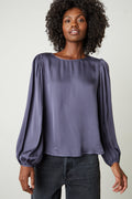 Velvet Leila Satin Viscose Full Sleeve Crew Top in Steel