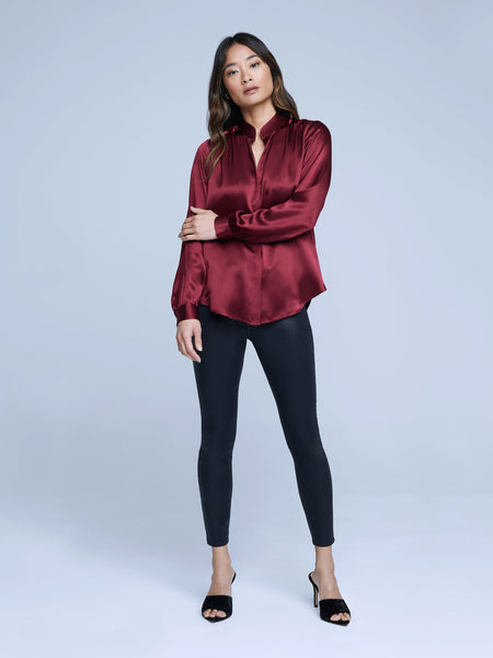 L'AGENCE Bianca Band Collar Blouse in Black Cherry