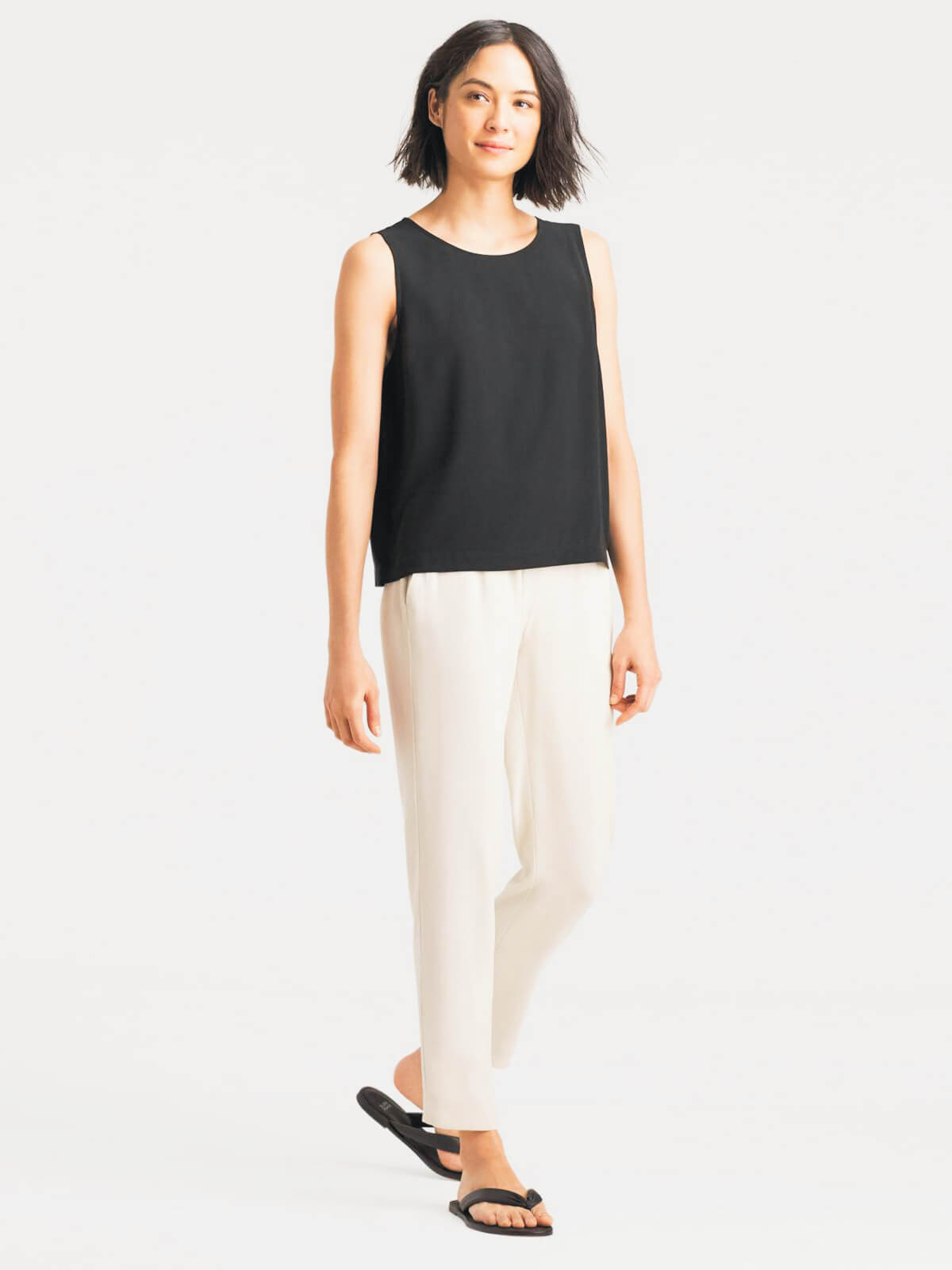 Eileen Fisher System Silk Crepe Round Neck Shell - Black or Bone
