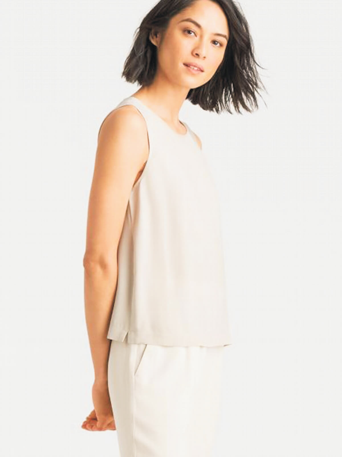 Eileen Fisher System Silk Crepe Round Neck Shell - Black or Bone