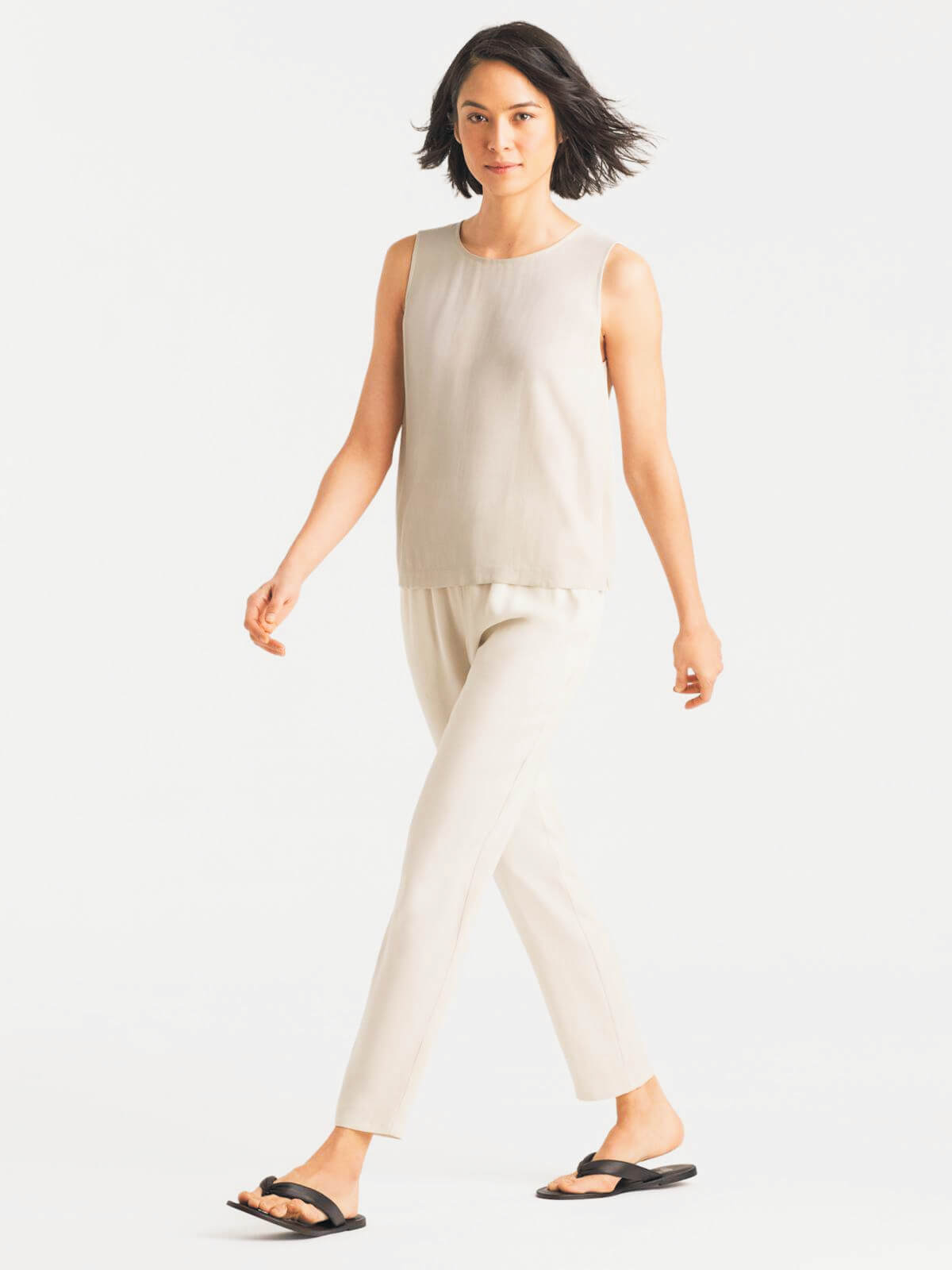 Eileen Fisher System Silk Crepe Round Neck Shell - Black or Bone