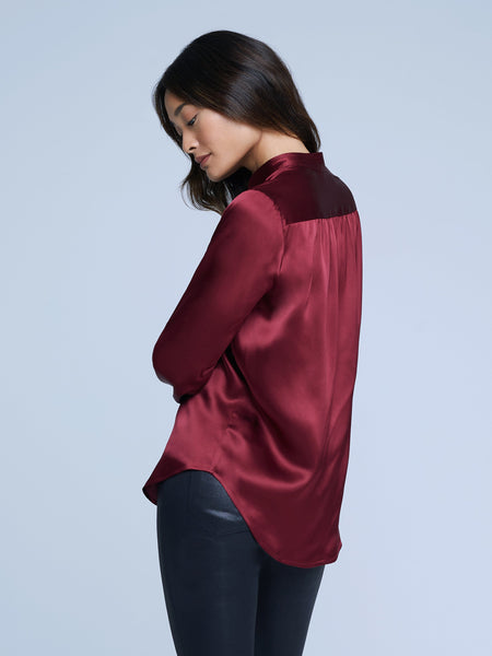 L'AGENCE Bianca Band Collar Blouse in Black Cherry