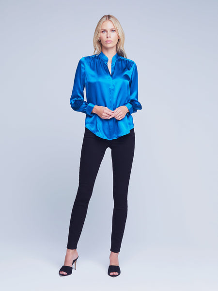 L'AGENCE Bianca Band Collar Blouse in Teal