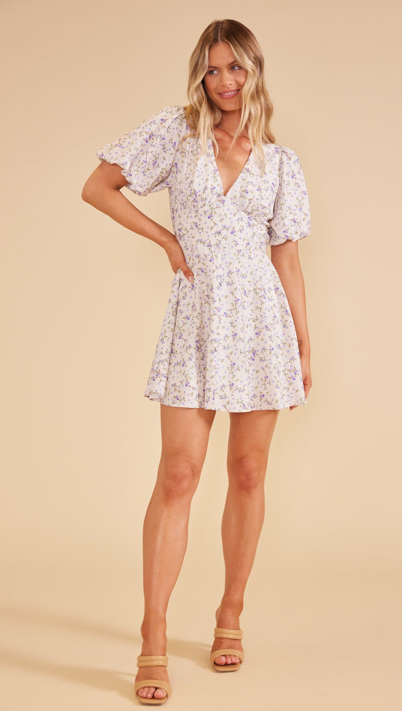 Mink Pink Hailey Mini Floral short sleeve dress in Ivory