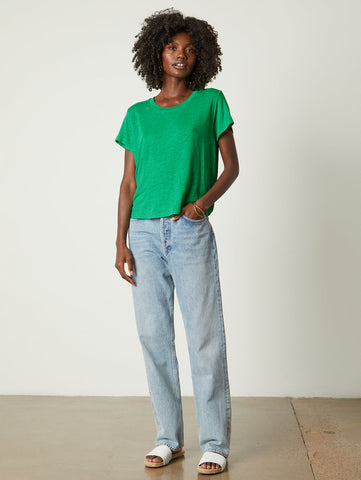 Velvet Casey Linen Short Sleeve Knit Tee in Emerald