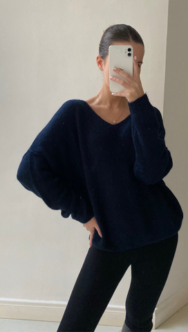 Charli Hailey Soft Mohair Blend V-Neck Sweater in Navy