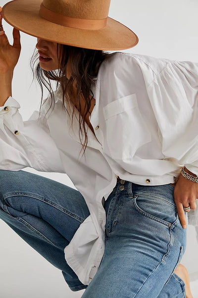 Free People Happy Hour Long Sleeve Button Up in White