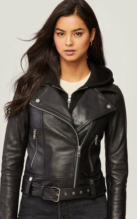 Soia & Kyo Elisha Leather Jacket with Removable Hood in Black