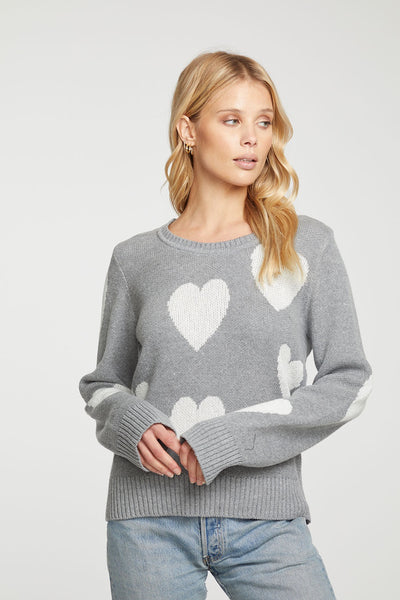 Chaser Cotton Blend Hearts Pullover in Heather Grey