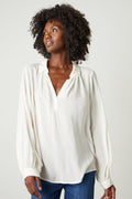 Velvet Josey Rayon Challis Collared Long Sleeve in White