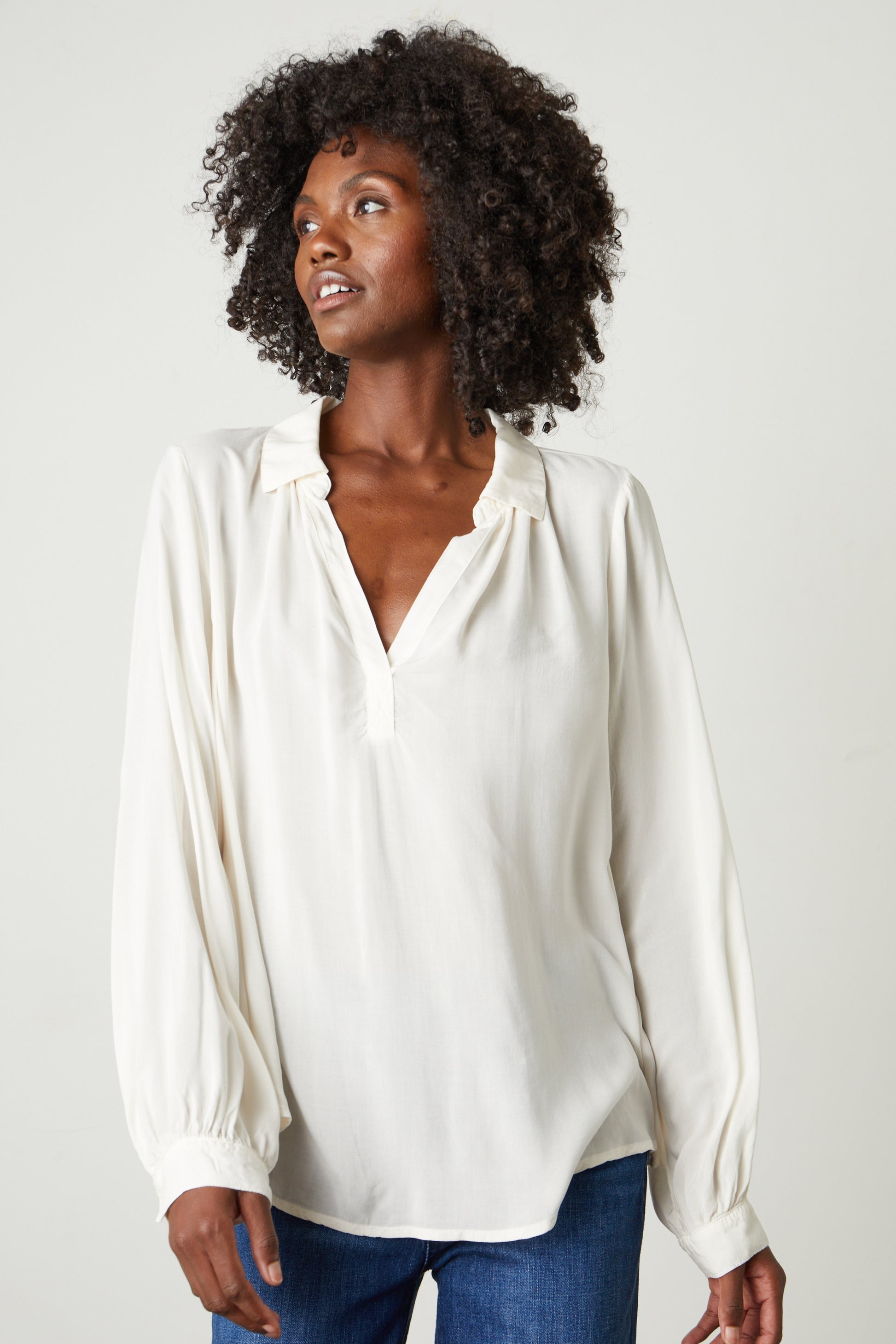 Velvet Josey Rayon Challis Collared Long Sleeve in White
