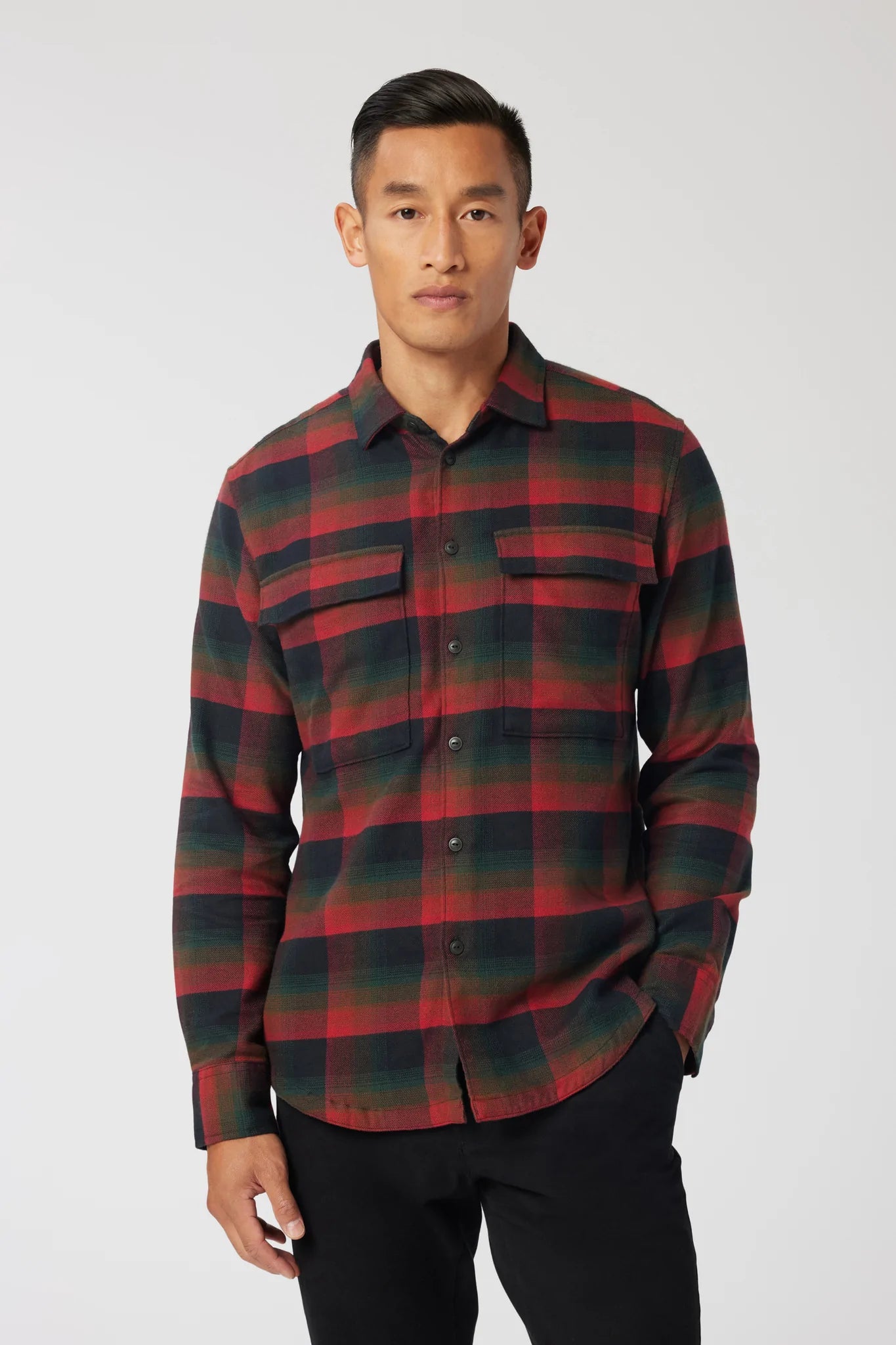 Good Man Brand Stadium Shirt Jacket in Brushed Flannel -Black Red Fine Check