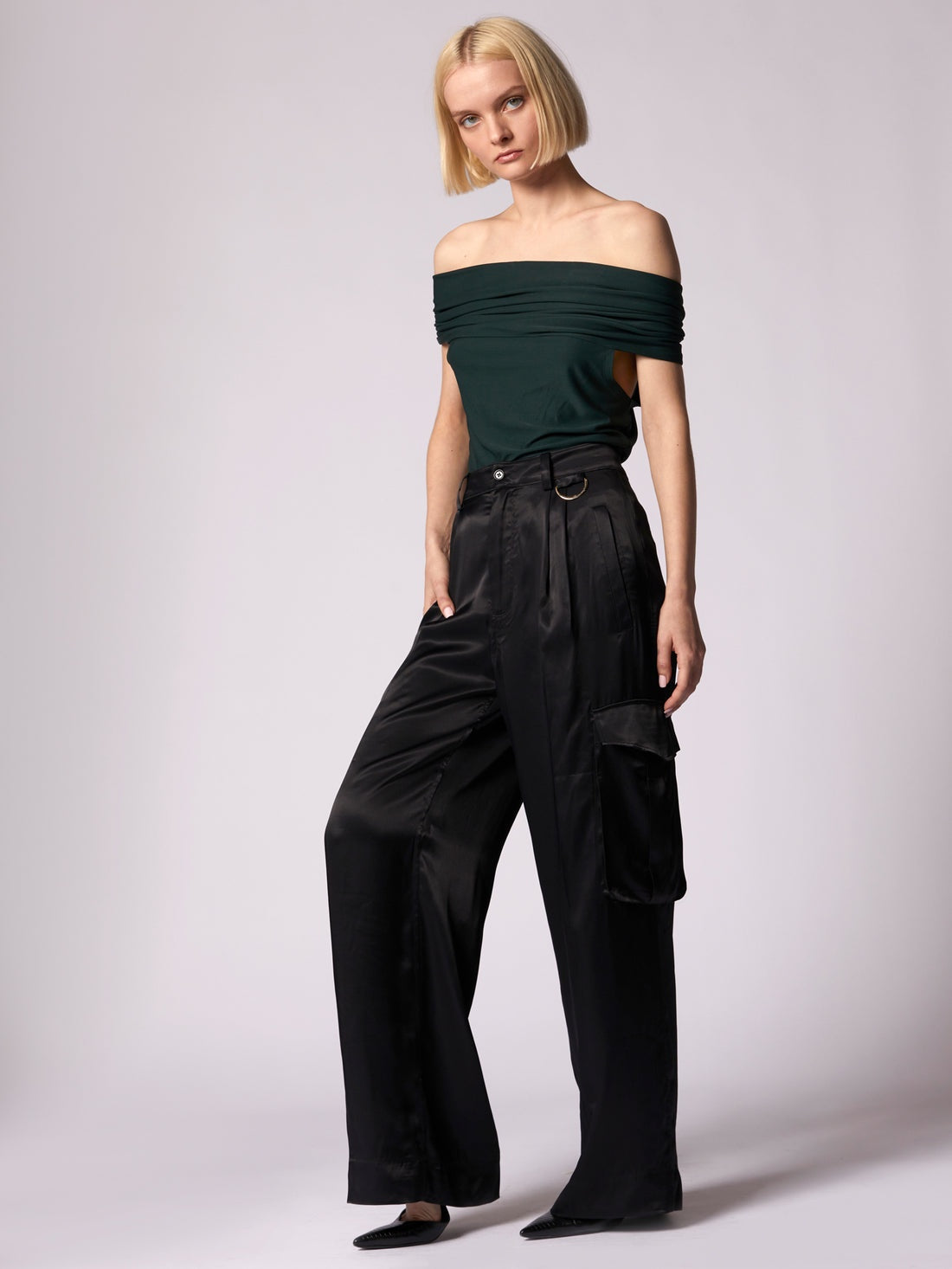 EQUIPMENT Yelena Off Shoulder Top in Scarab Green