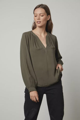 Velvet Posie Split Neck Long Sleeve Blouse in Cavern
