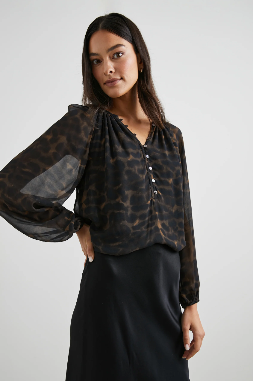 Rails Indi Chiffon Long Sleeve Blouse in Umber Leopard