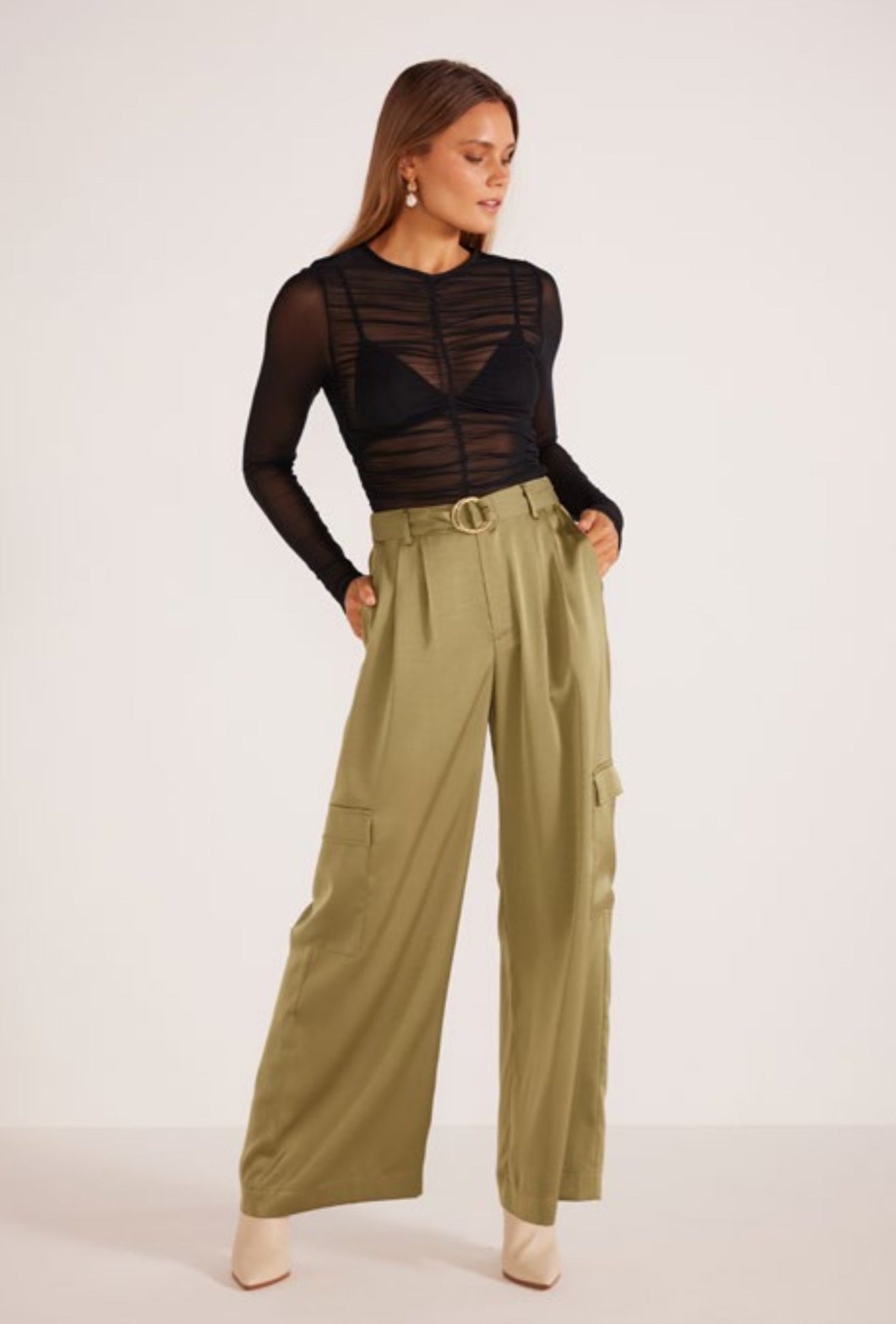 Mink Pink Anissa Pleated Cargo Pant in Khaki