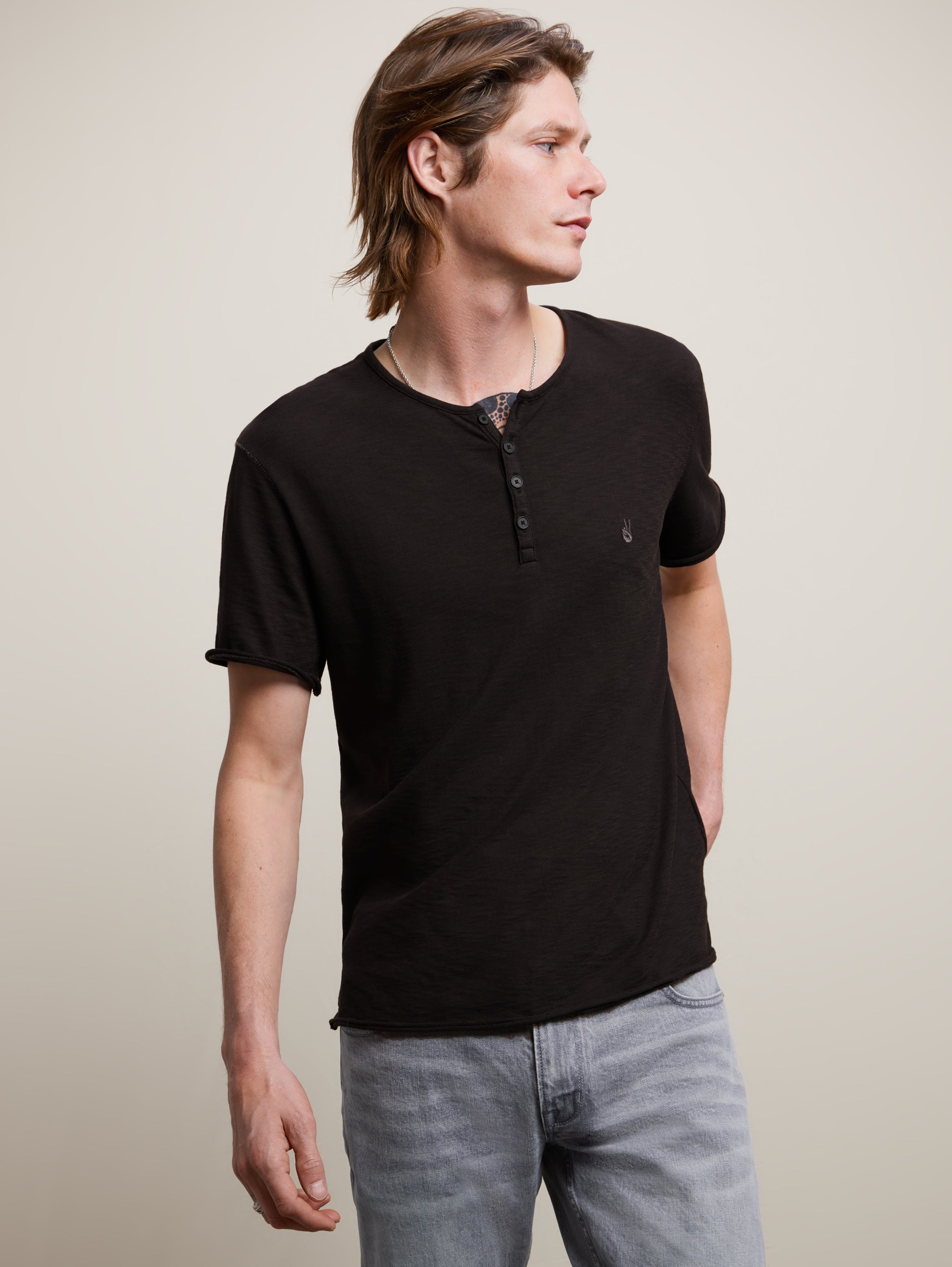 John Varvatos Quincey SS Slub Henley with Peace Sign - Black
