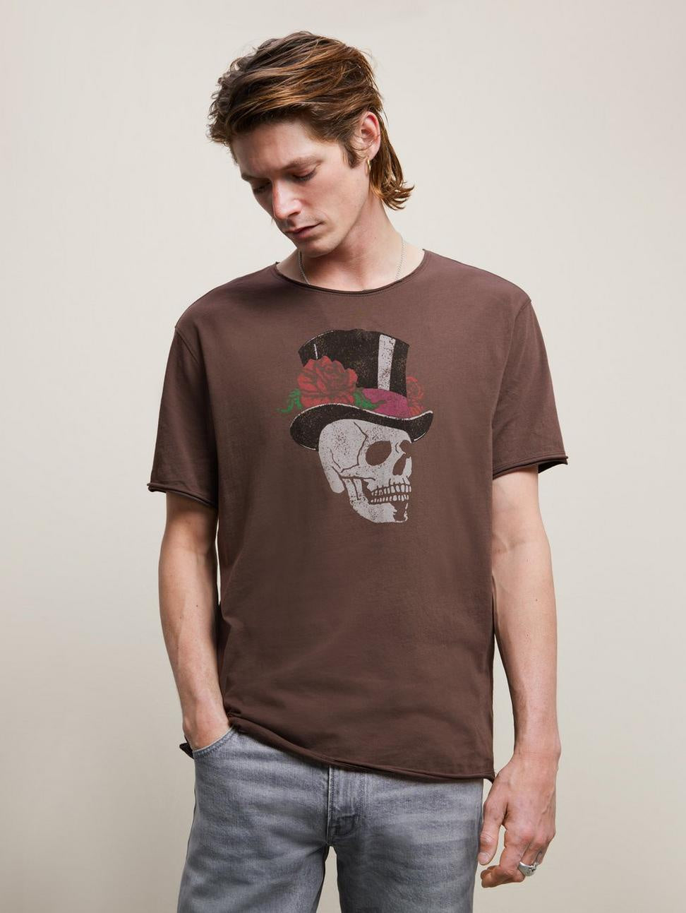 John Varvatos SS Raw Edge Tee Vintage Wash - Skull Top Hat