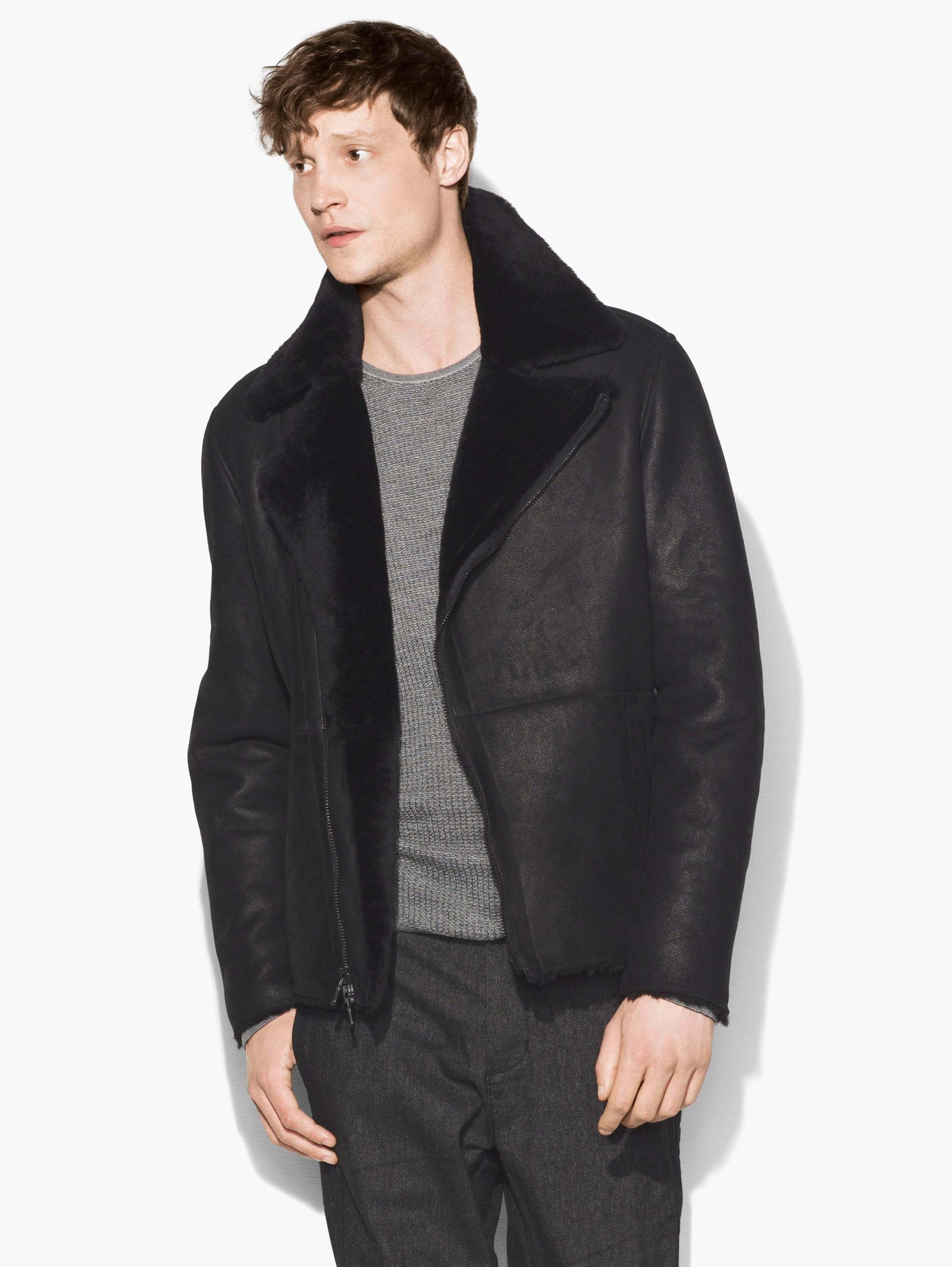 John Varvatos Shearling Asymmetric Zip Jacket