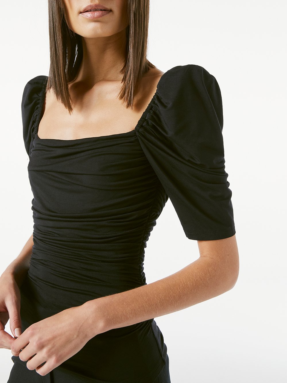 FRAME Betty Rouched Knit Top in Black