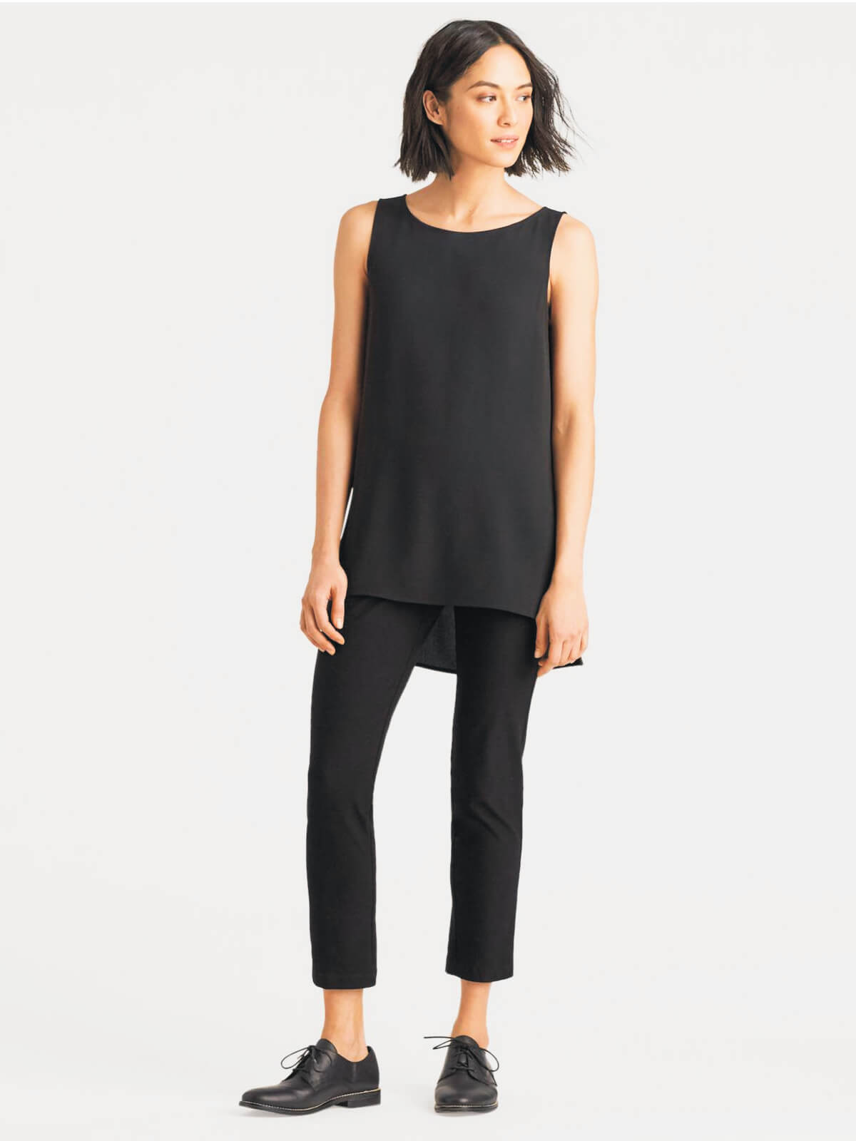 Eileen Fisher System Silk Crepe Neck Long Shell - Black or Bone