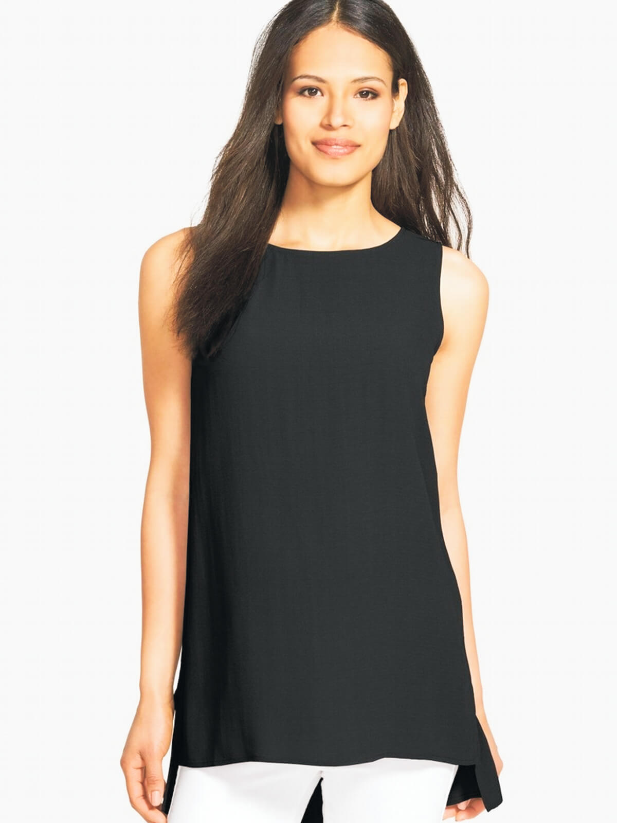 Eileen Fisher System Silk Crepe Neck Long Shell - Black or Bone