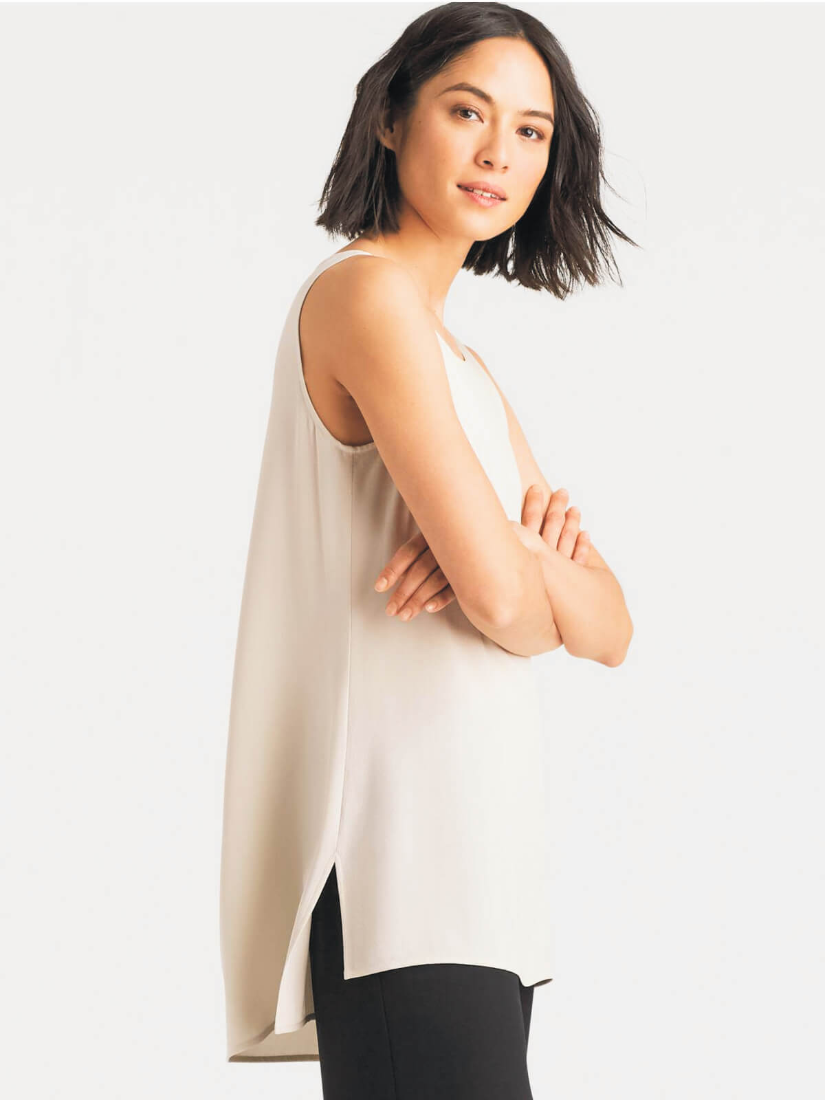 Eileen Fisher System Silk Crepe Neck Long Shell - Black or Bone