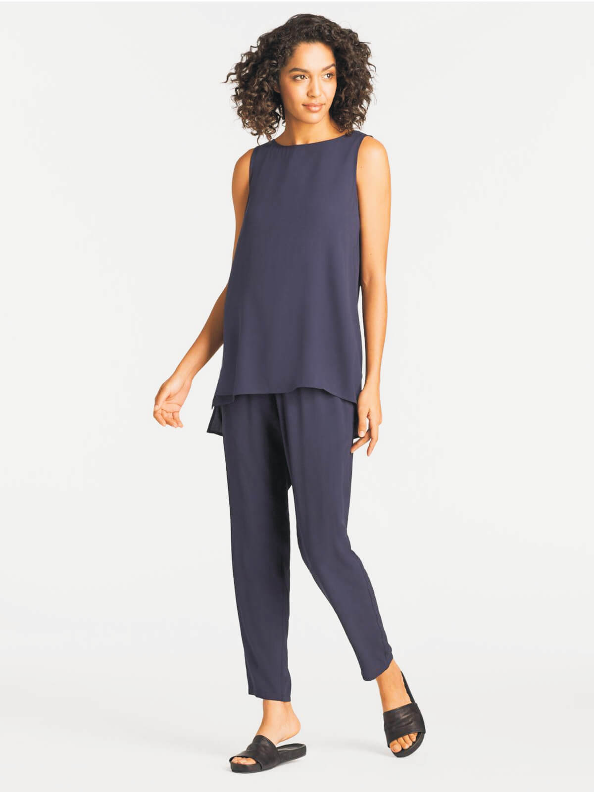 Eileen Fisher System Silk Crepe Neck Long Shell - Black or Bone