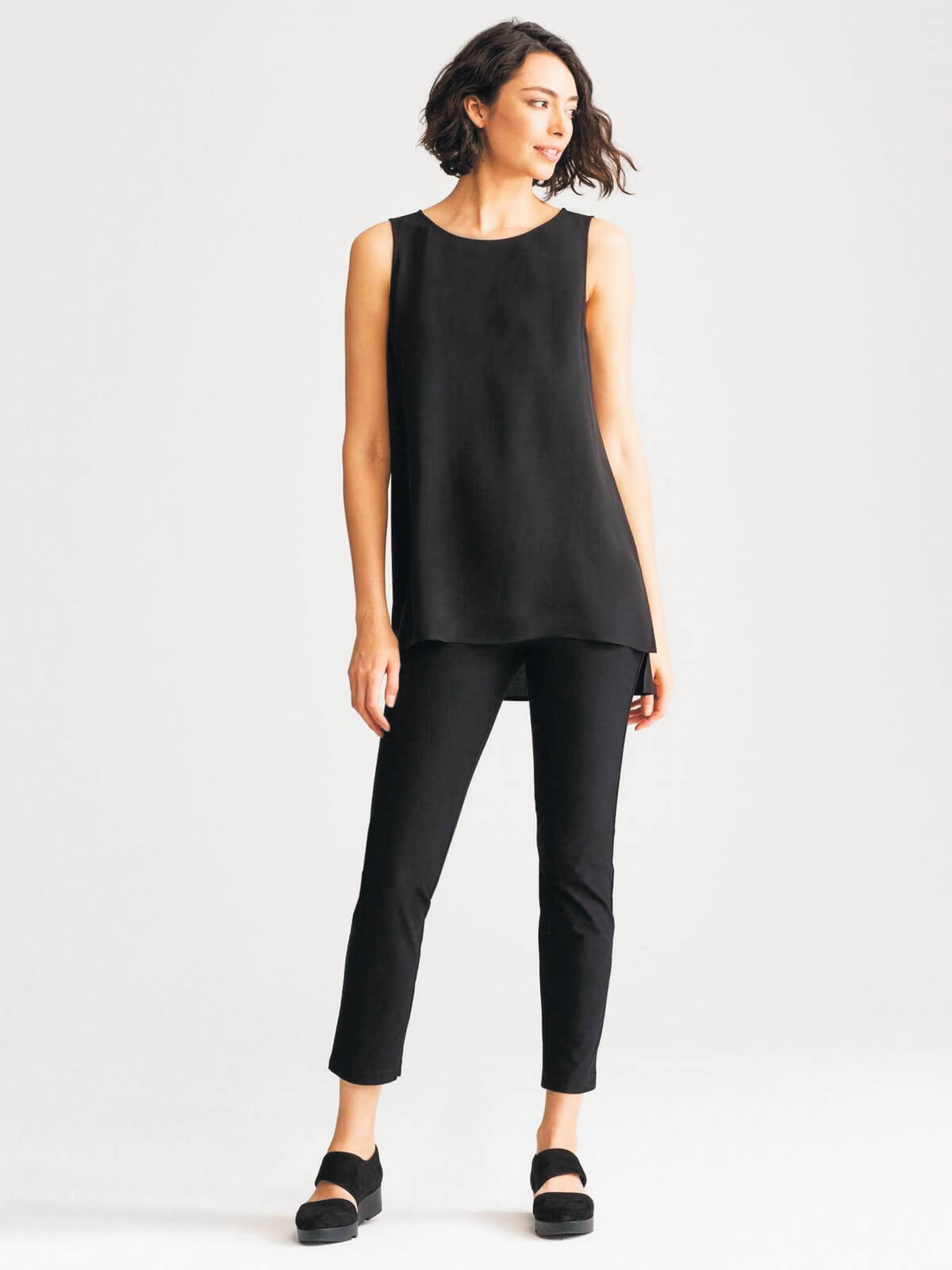 Eileen Fisher System Silk Crepe Neck Long Shell - Black or Bone
