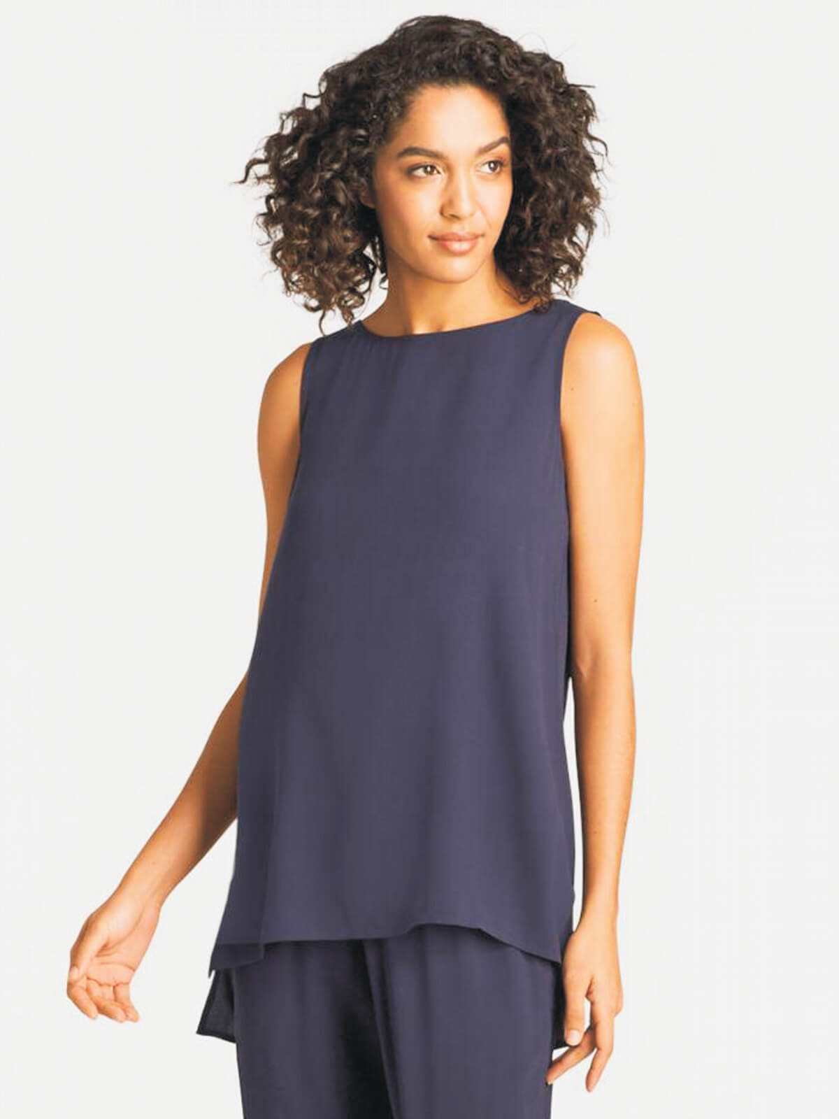 Eileen Fisher System Silk Crepe Neck Long Shell - Black or Bone