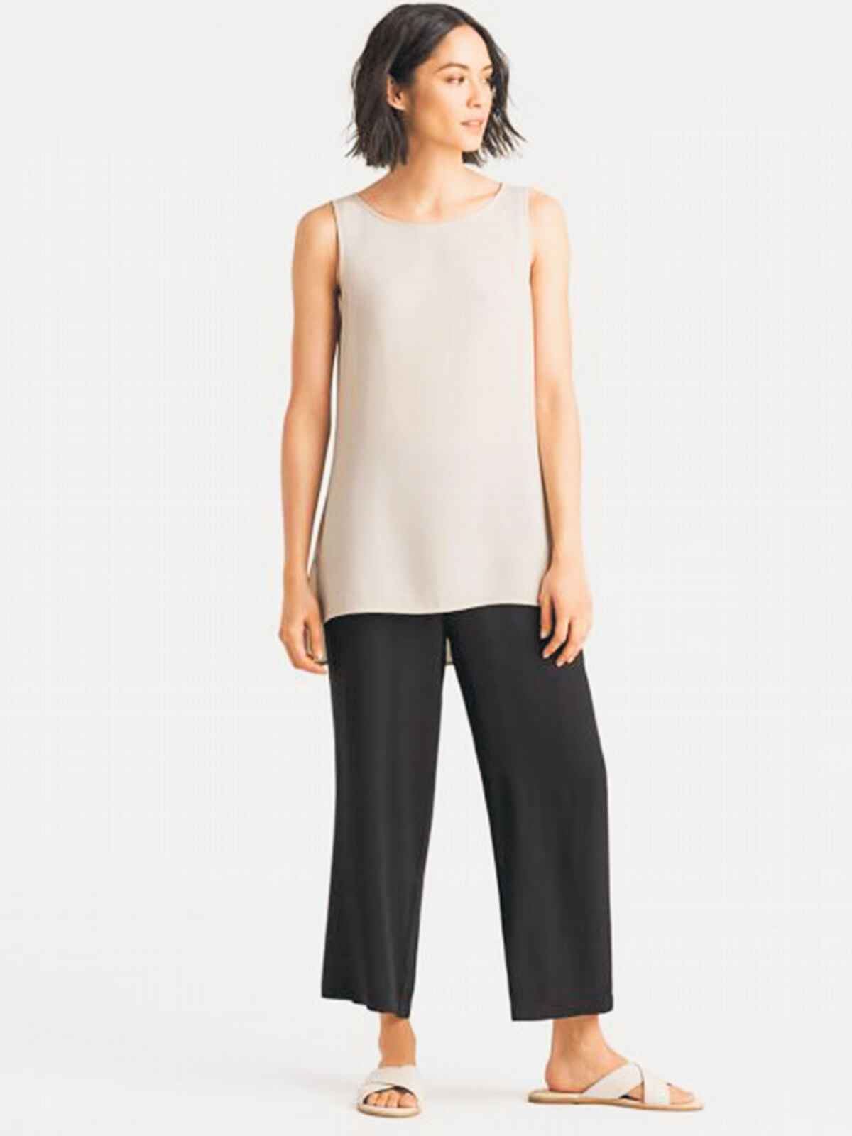 Eileen Fisher System Silk Crepe Neck Long Shell - Black or Bone