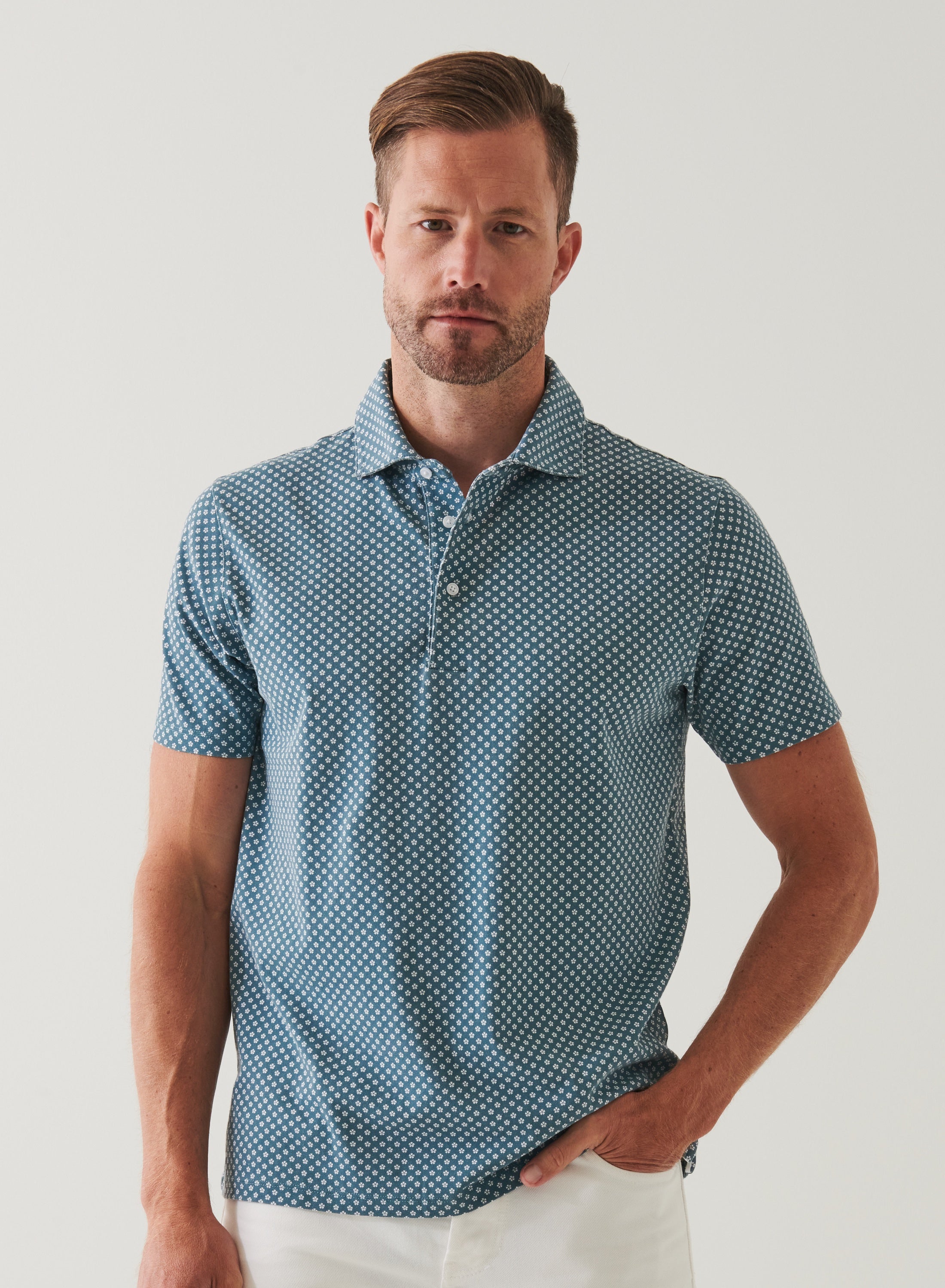 Patrick Assaraf SS Micro Print Polo - Steel Blue