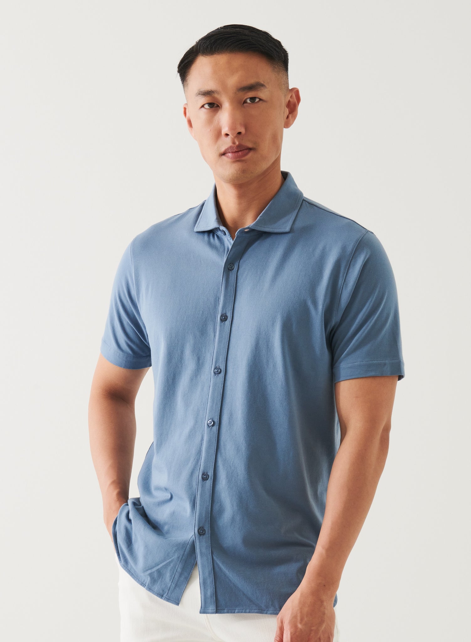 Patrick Assaraf Pima Cotton Button Front Shirt - Steel Blue