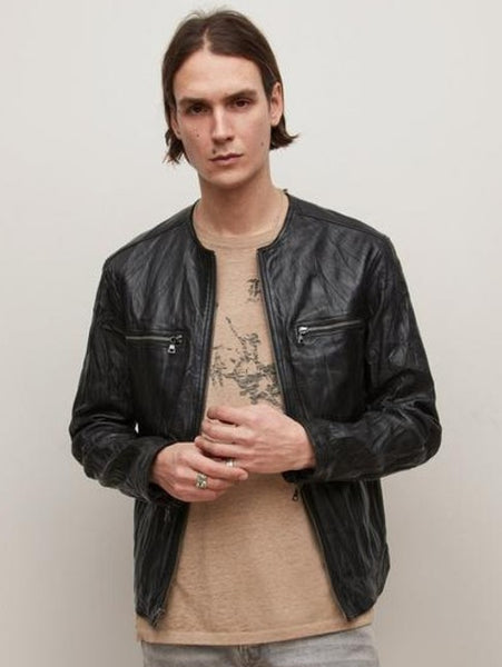 John Varvatos Spencer Collarless Leather Jacket - Black
