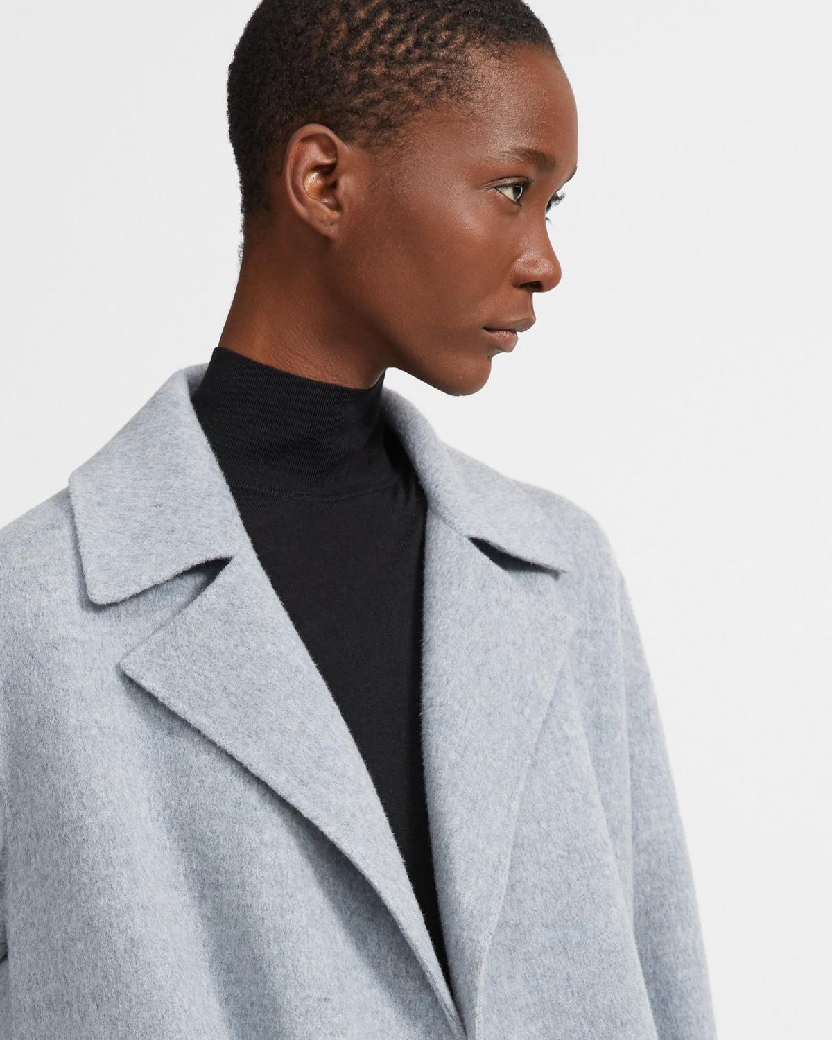 Theory Overlay Wool Cashmere Open Front Jacket Blue Grey Melange
