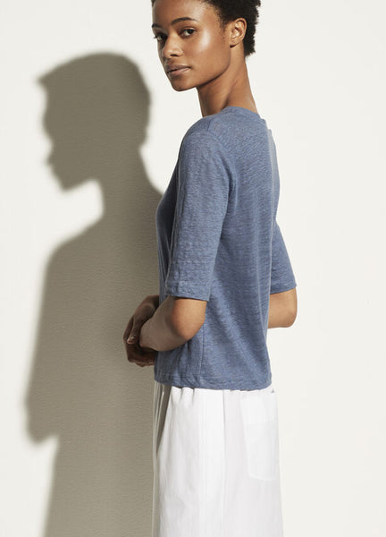 VINCE. linen relaxed elbow sleeve crew in azurine blue