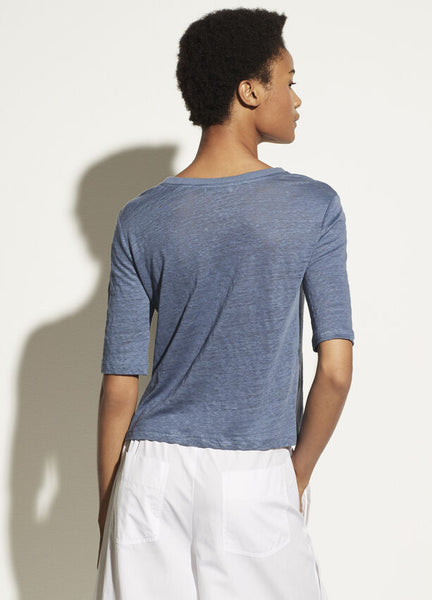 VINCE. linen relaxed elbow sleeve crew in azurine blue