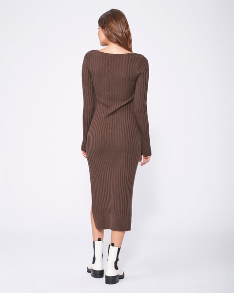 Paige Benita Ribbed Cotton Silk Square Neck Dress in Brown Taupe