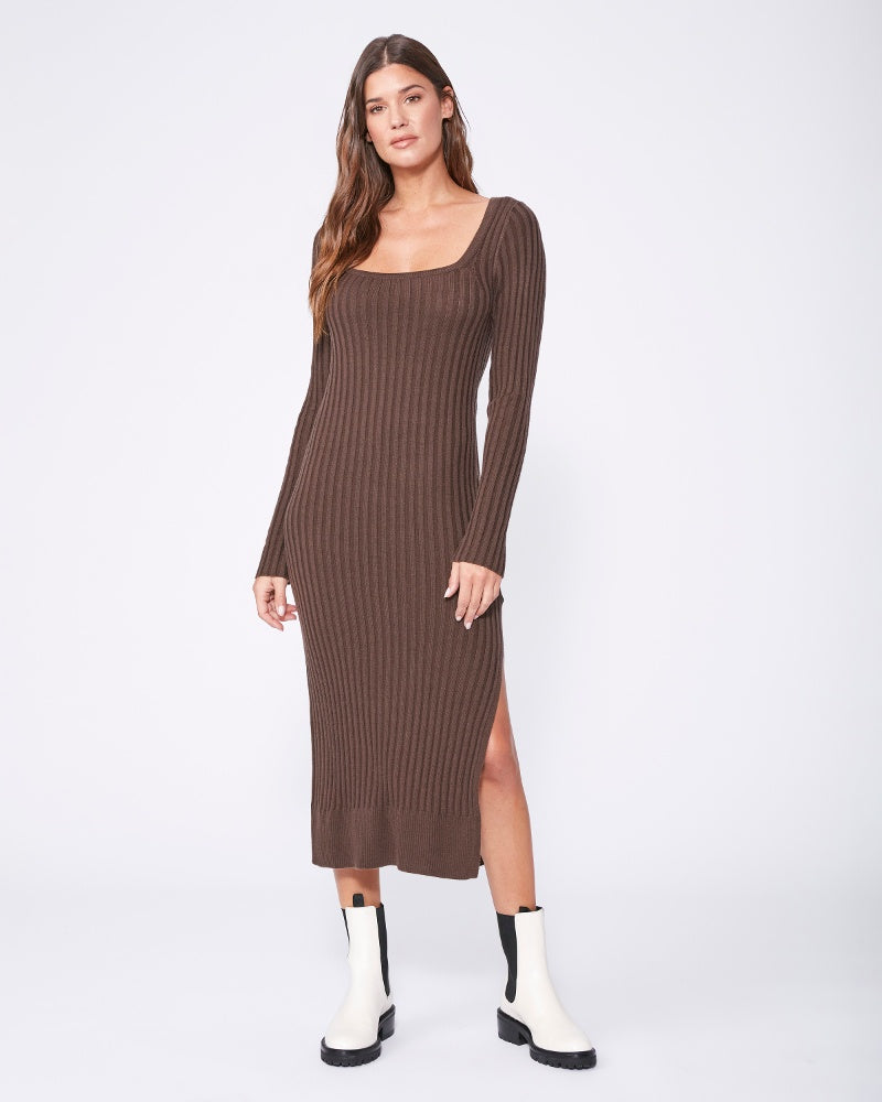 Paige Benita Ribbed Cotton Silk Square Neck Dress in Brown Taupe