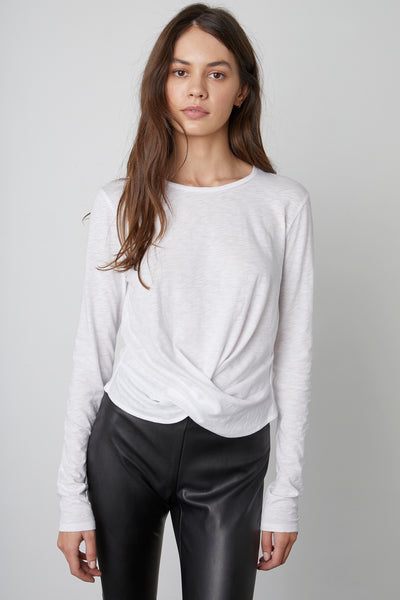 Velvet Beatrice Cotton Slub Long Sleeve twist front in white