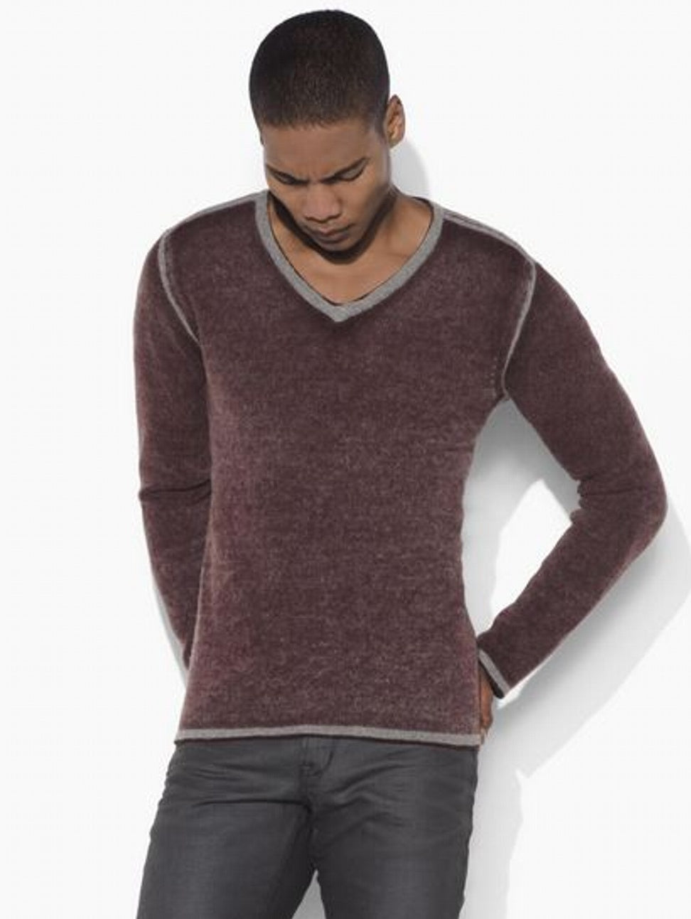 John Varvatos V-Neck Sweater with Reverse Print - Black