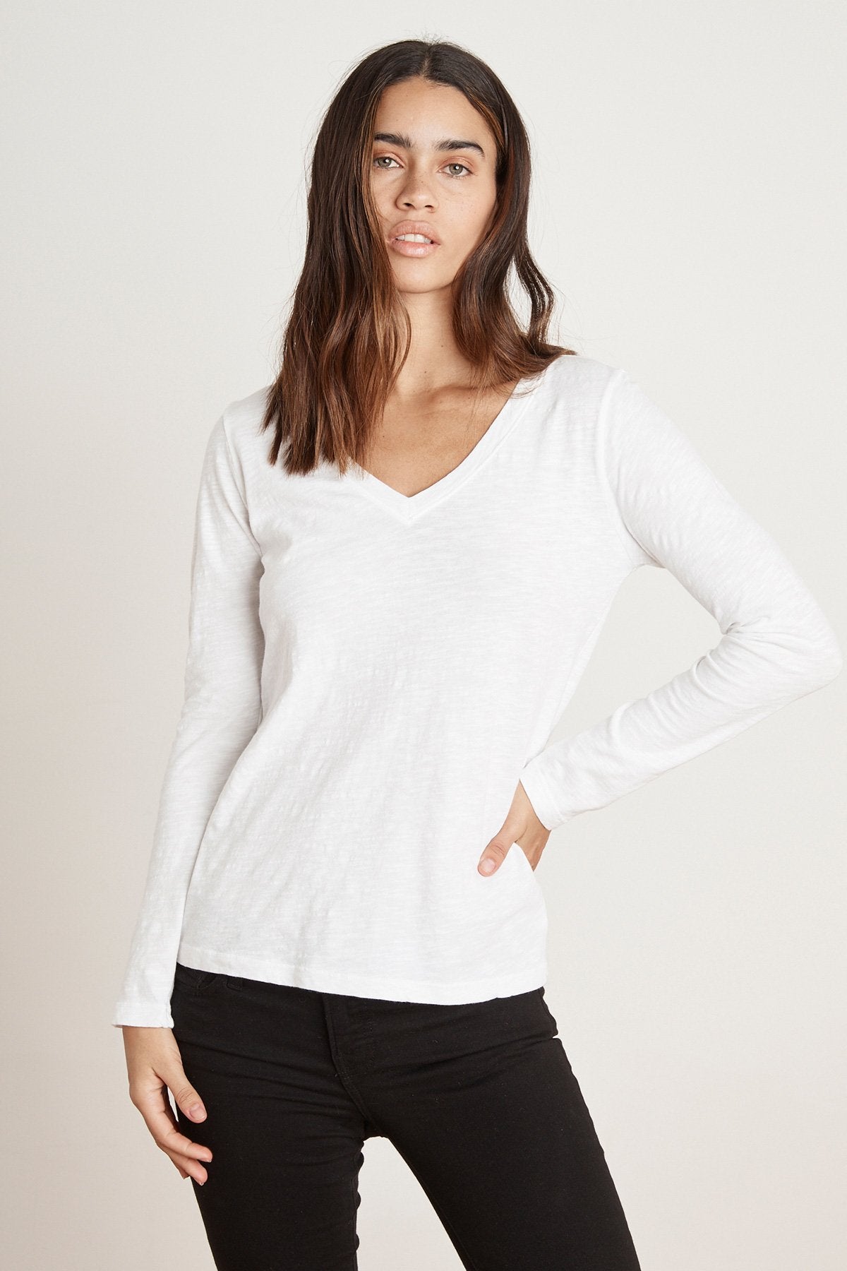 Velvet Originals Blaire L/S V-Neck Top in White