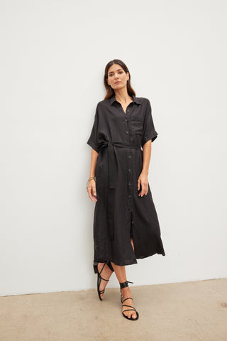 Velvet Sandra Woven Linen Button Up Dress in Black